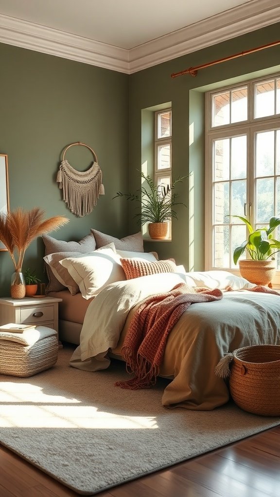 A cozy bedroom featuring sage green walls, a neutral bedspread, plants, and boho decor.