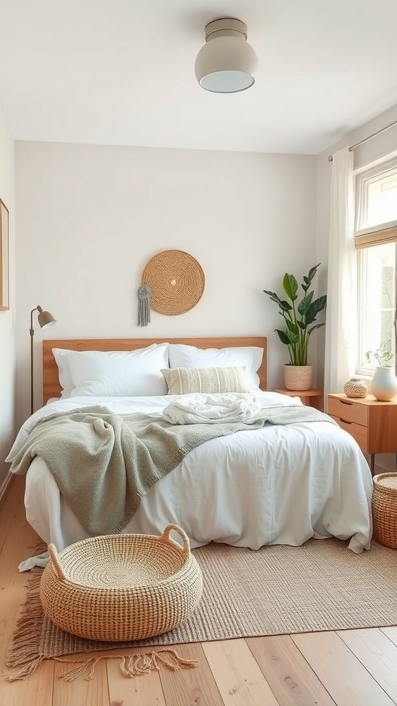 Cozy bedroom with Scandinavian Boho design elements, featuring a light wood bed, white linens, and natural decor.