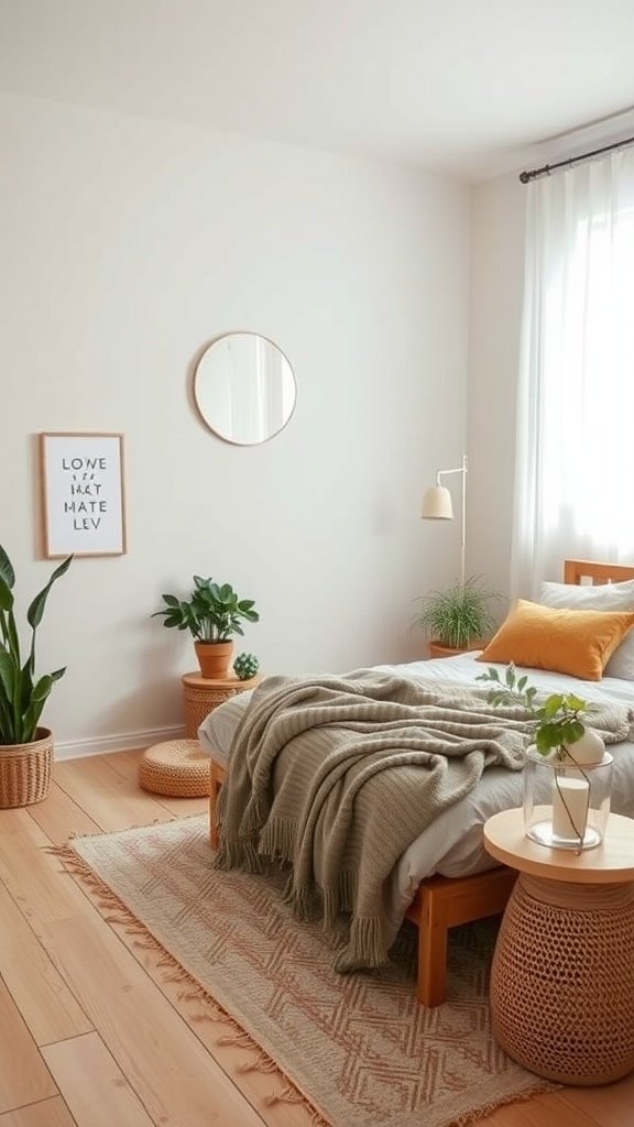 A cozy Scandinavian boho bedroom with a wooden bed, plants, and warm tones.