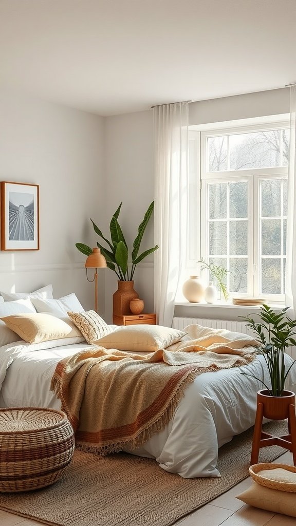 Cozy Scandinavian minimalist boho bedroom with neutral tones, plants, and natural materials.