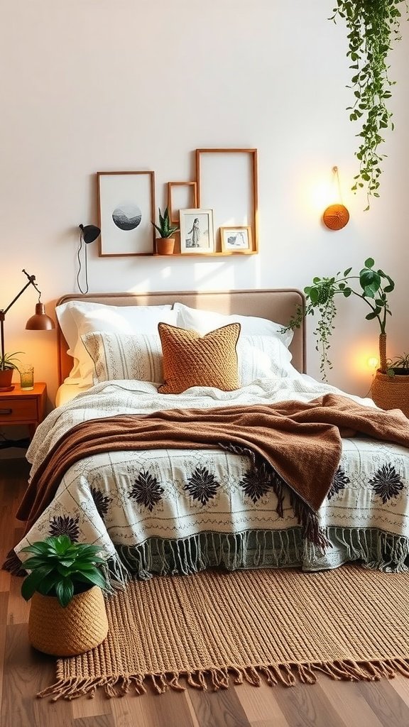 Cozy Boho bedroom with patterned bedding, plants, and warm lighting