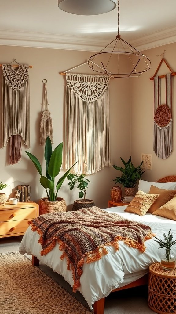 A cozy boho bedroom featuring macramé wall hangings, wooden furniture, and plants.