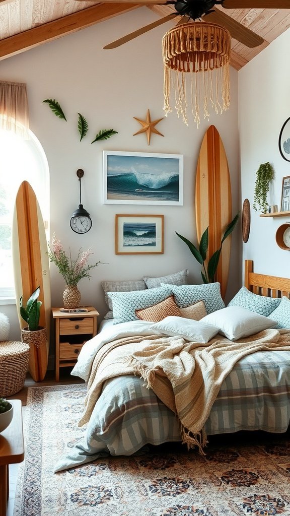 A serene surfer-themed bedroom with surfboards, beach decor, and cozy furnishings.