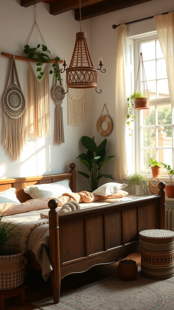 A beautifully designed Shabby Chic Boho bedroom with a wooden bed, soft bedding, macramé wall hangings, and plants.