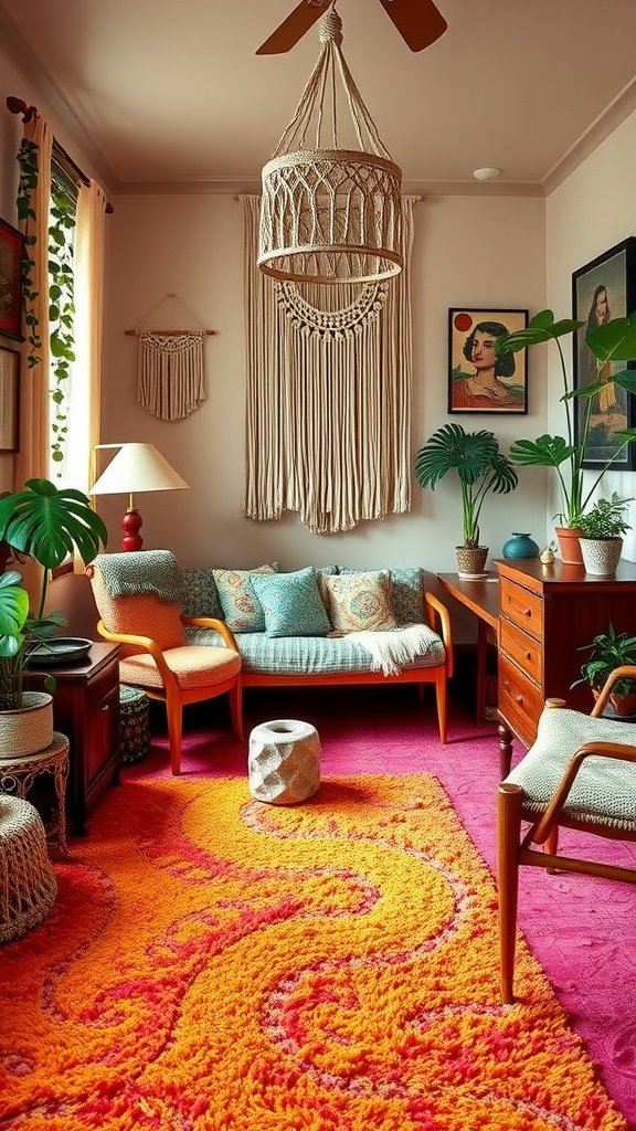 A cozy bedroom featuring a vibrant orange shag pile carpet with playful patterns, surrounded by boho decor.