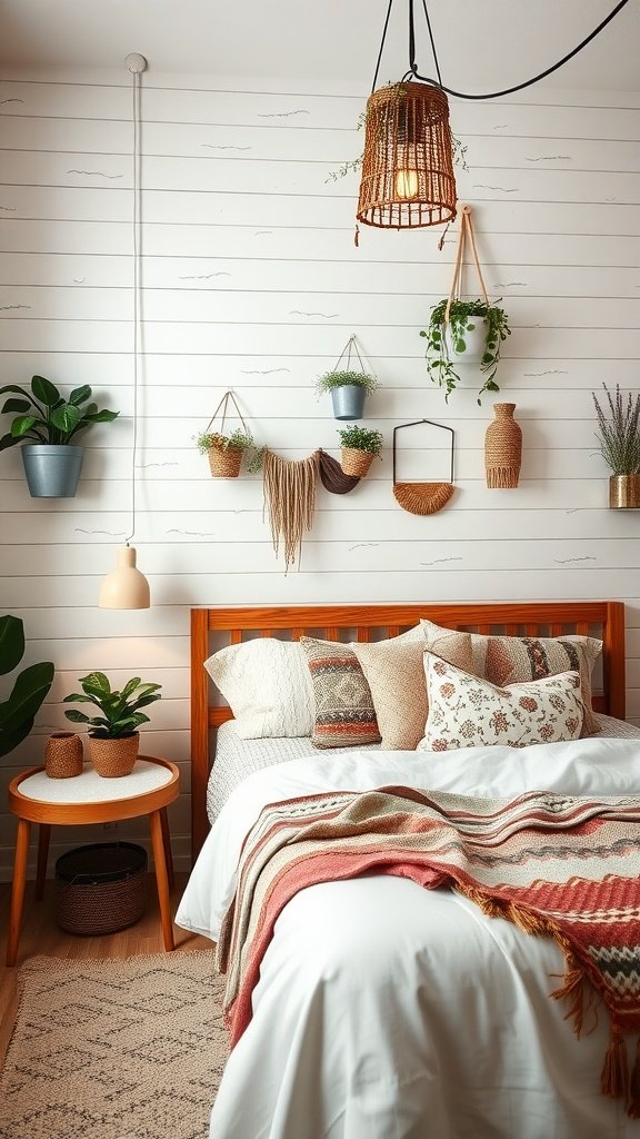 A cozy Boho bedroom with a shiplap accent wall, layered bedding, and hanging plants.