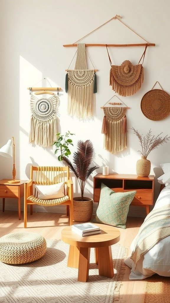 A bright and cozy modern boho bedroom featuring macramé wall art, wooden furniture, and plants.