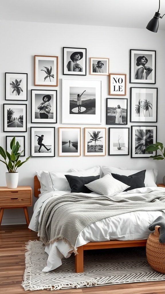 A stylish Modern Boho bedroom featuring a gallery wall of black-and-white framed images, a cozy bed with textured bedding, and a touch of greenery.