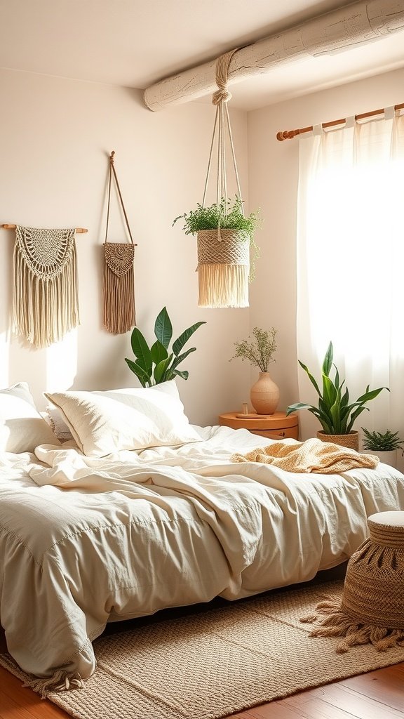 Chic boho bedroom with beige tones, plants, and macramé decor