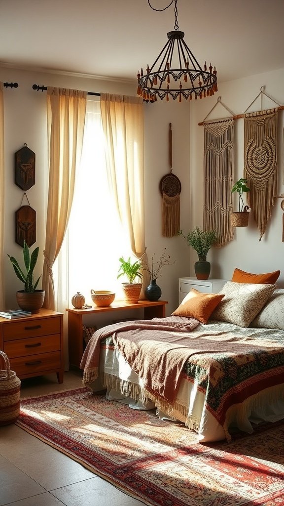 A cozy Bohemian style bedroom with soft lighting, layered textiles, and natural decor elements.