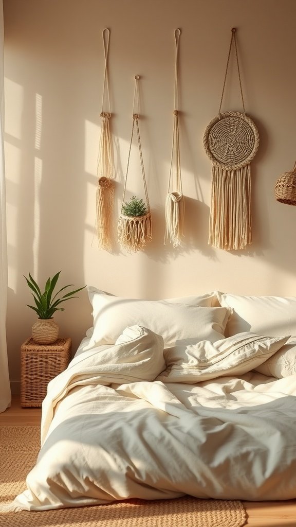 A cozy beige bedroom featuring soft bedding, hanging wall decor, and a small plant by the bed.