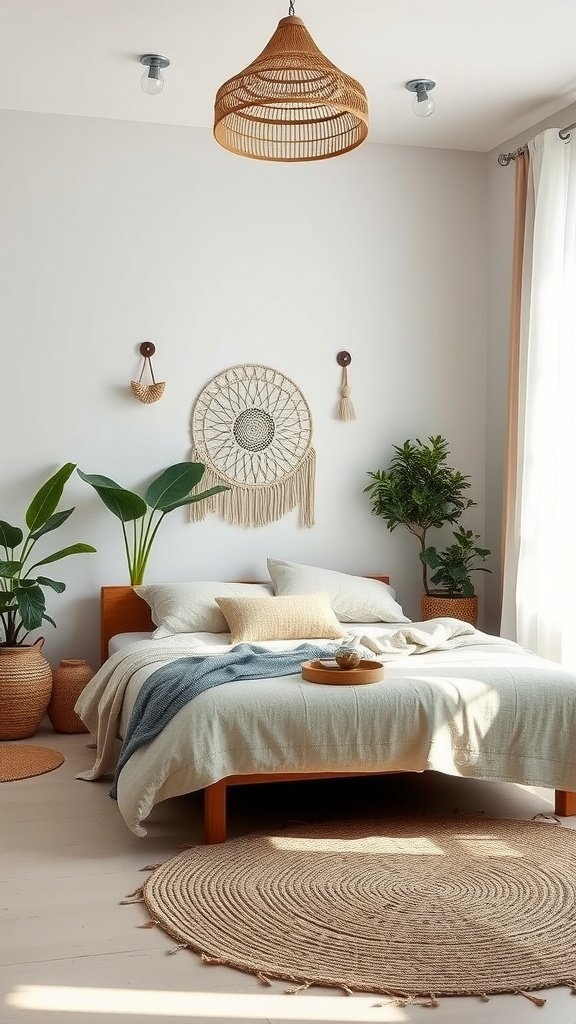 Minimalist boho bedroom featuring a wooden bed, plants, and natural decor