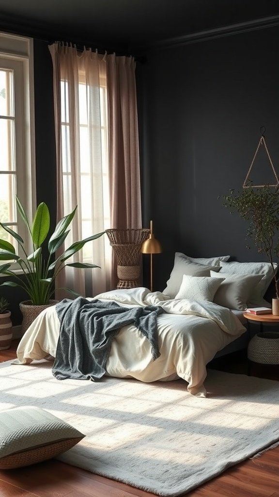 A cozy bedroom featuring dark walls, soft bedding, plants, and natural light