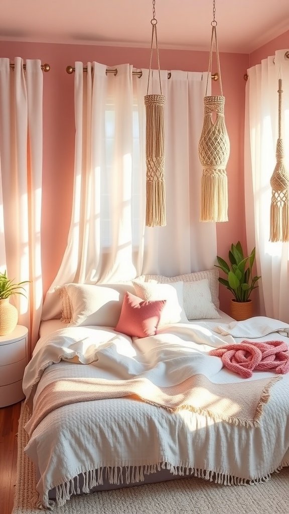 Cozy pink boho style bedroom with soft linens and hanging decorative lights