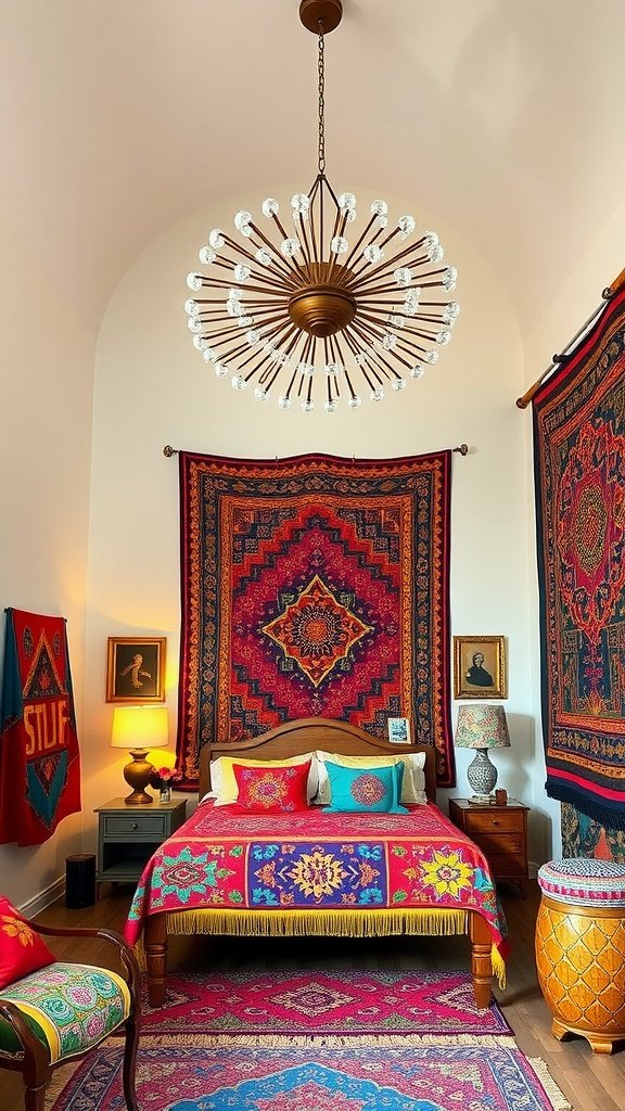 A bedroom featuring a stunning Sputnik chandelier, colorful textiles, and vibrant decor in a Boho style.