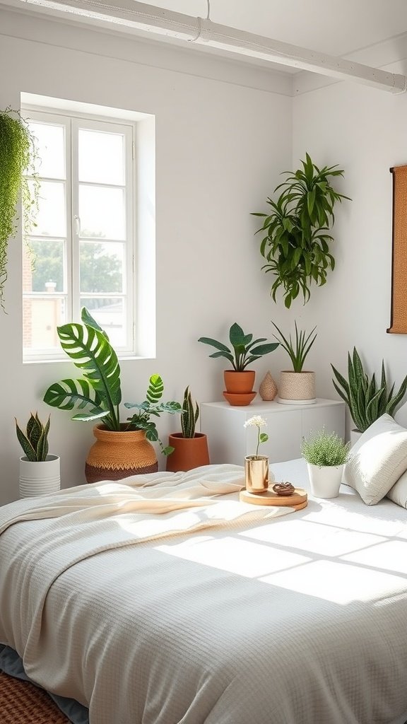 A bright and airy boho style bedroom featuring a white bedspread, various houseplants in pots, and a large window allowing natural light.