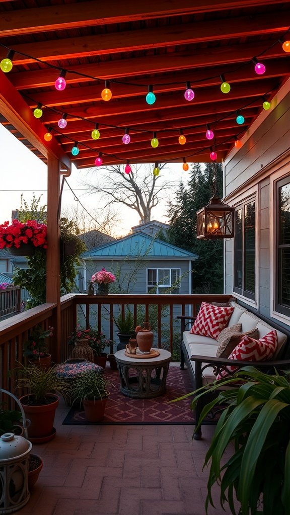 Colorful string lights hanging above a cozy boho porch.