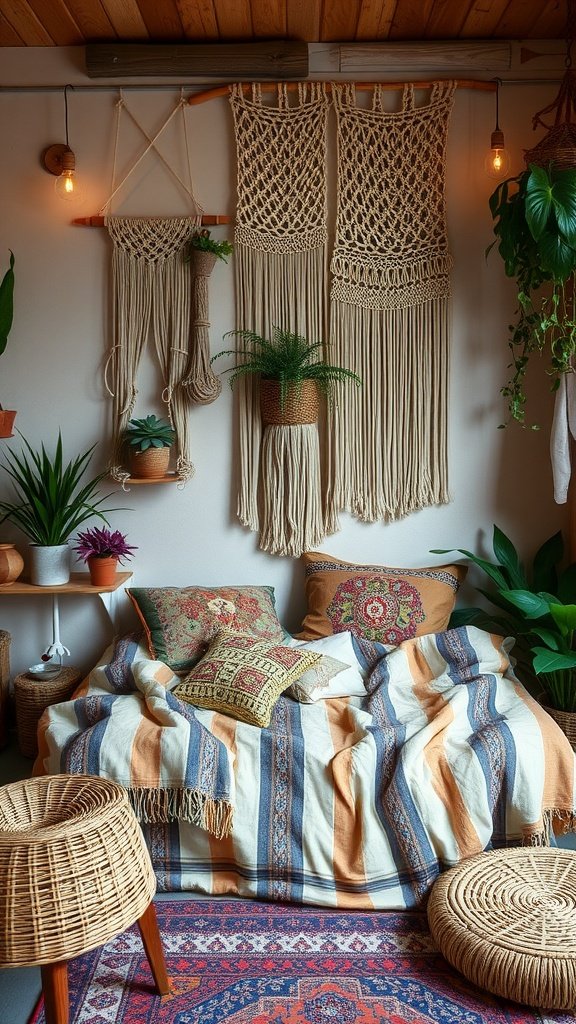 A cozy sunken bed in a boho style bedroom, featuring colorful bedding and macrame wall hangings.