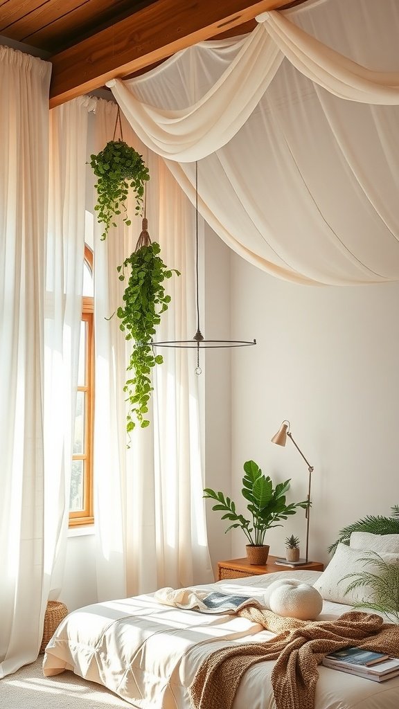 A beautiful bedroom with sheer drapes and hanging plants, showcasing a cozy and inviting atmosphere.