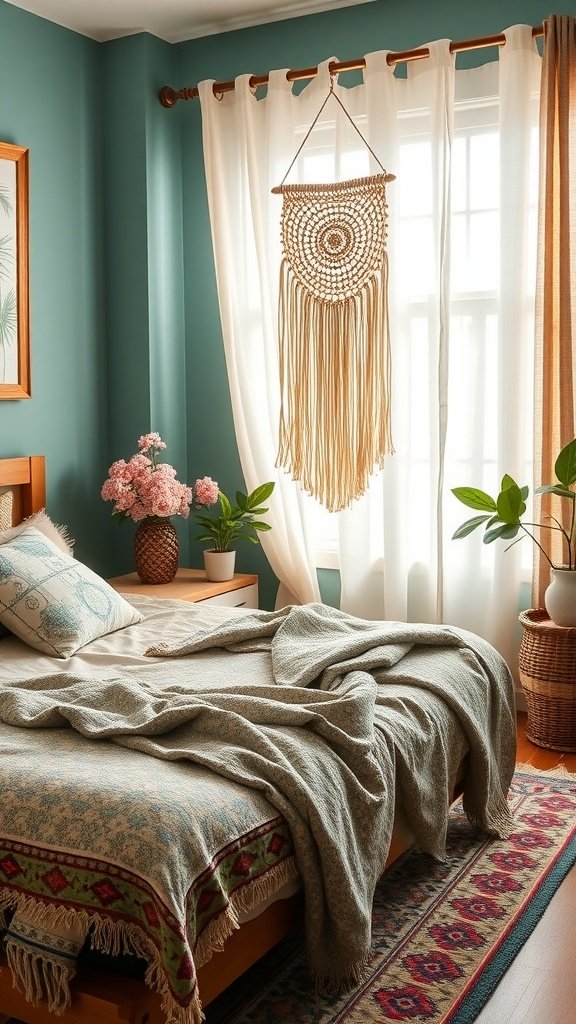 A cozy teal and beige boho bedroom featuring a macramé wall hanging, lush plants, and soft textiles.