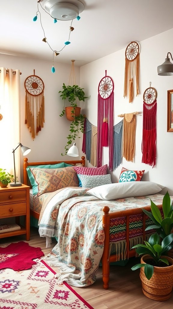 A cozy bedroom with bohemian decor, featuring colorful wall hangings, a layered bedspread, and plants.