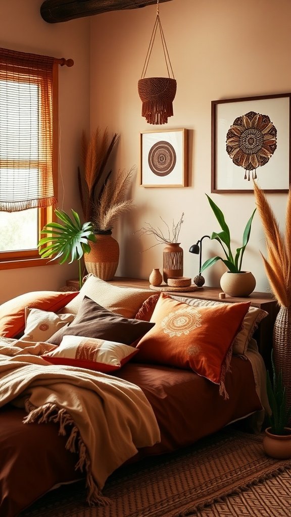 A cozy Boho style bedroom with terracotta accent decor, featuring warm tones, natural textures, and greenery.