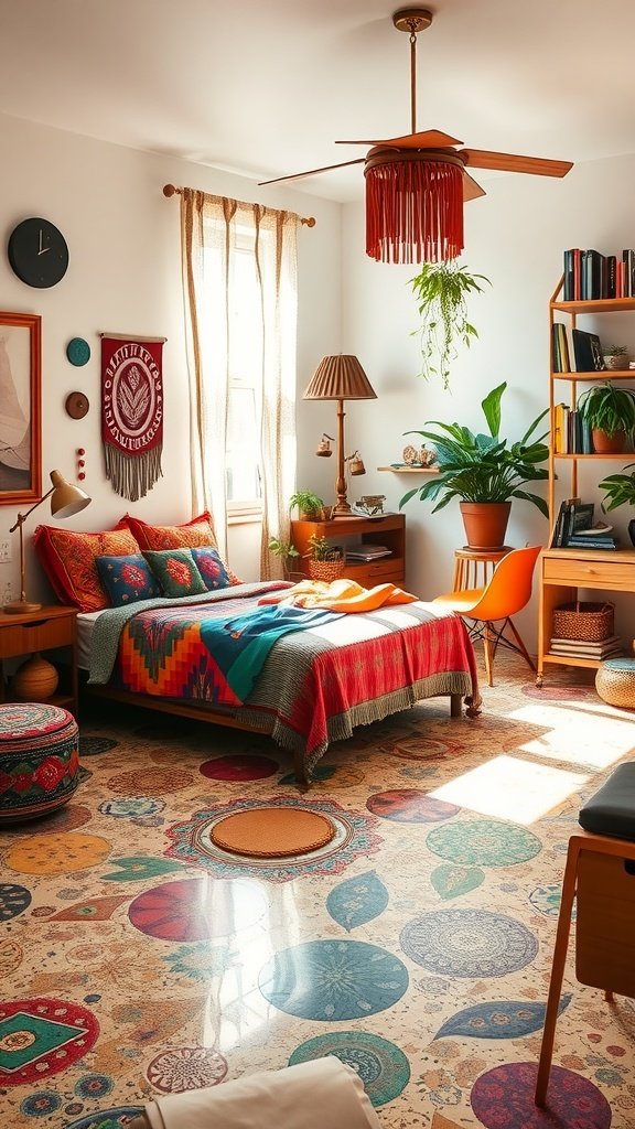 A vibrant bedroom featuring colorful terrazzo flooring, boho style decor, and natural light.