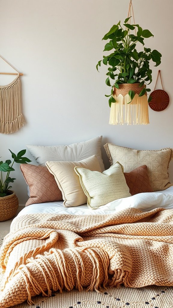 A cozy bohemian bedroom featuring a chunky knit blanket, various decorative pillows, and a hanging plant.