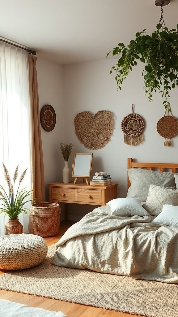 A minimalist boho bedroom with a comfortable bed, woven wall art, plants, and a warm aesthetic.