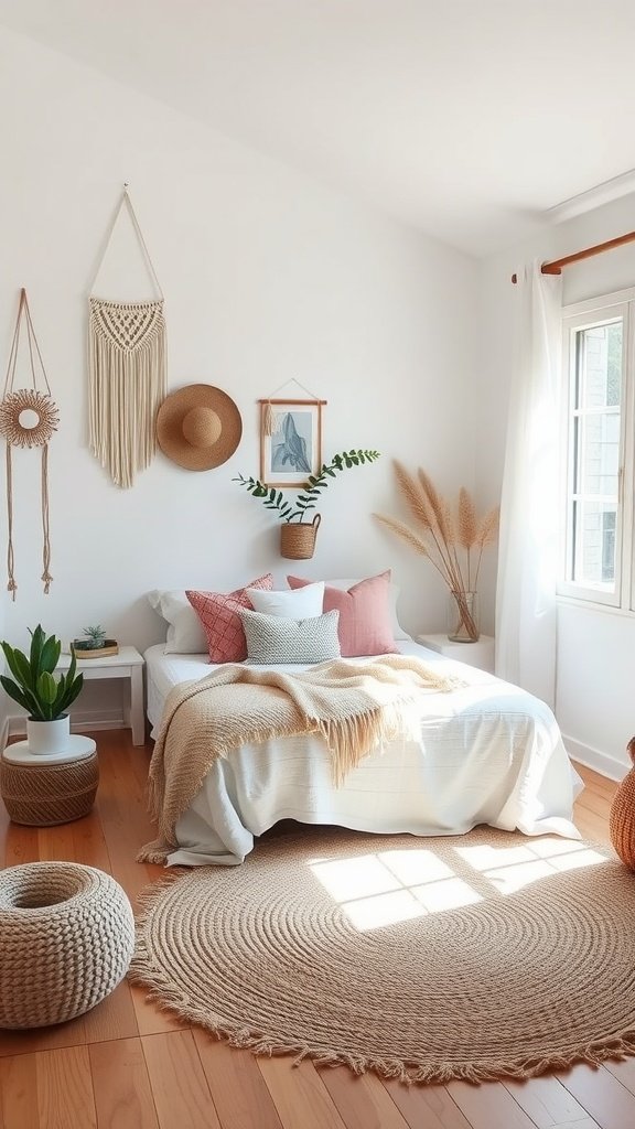 A bright and airy minimalist boho bedroom with natural decor elements.