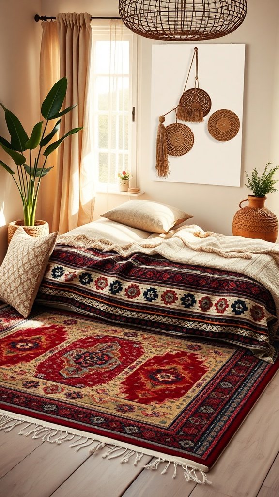 Cozy bedroom featuring a traditional patterned rug, soft bedding, and natural decor.