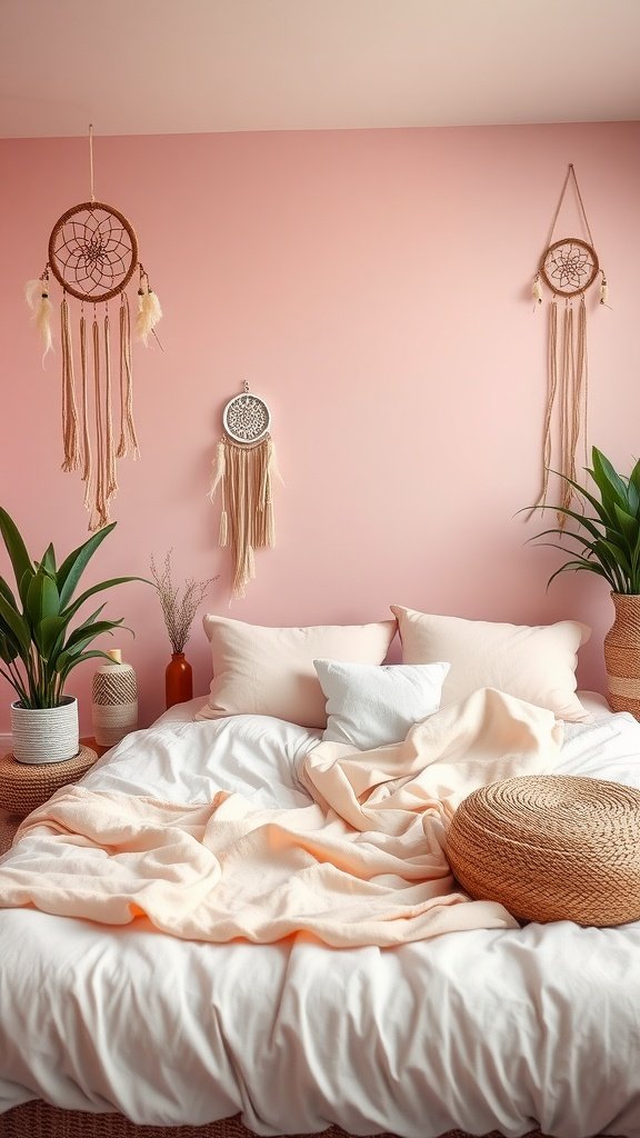 A serene pink boho bedroom with dreamcatchers, a cozy bed, and potted plants.