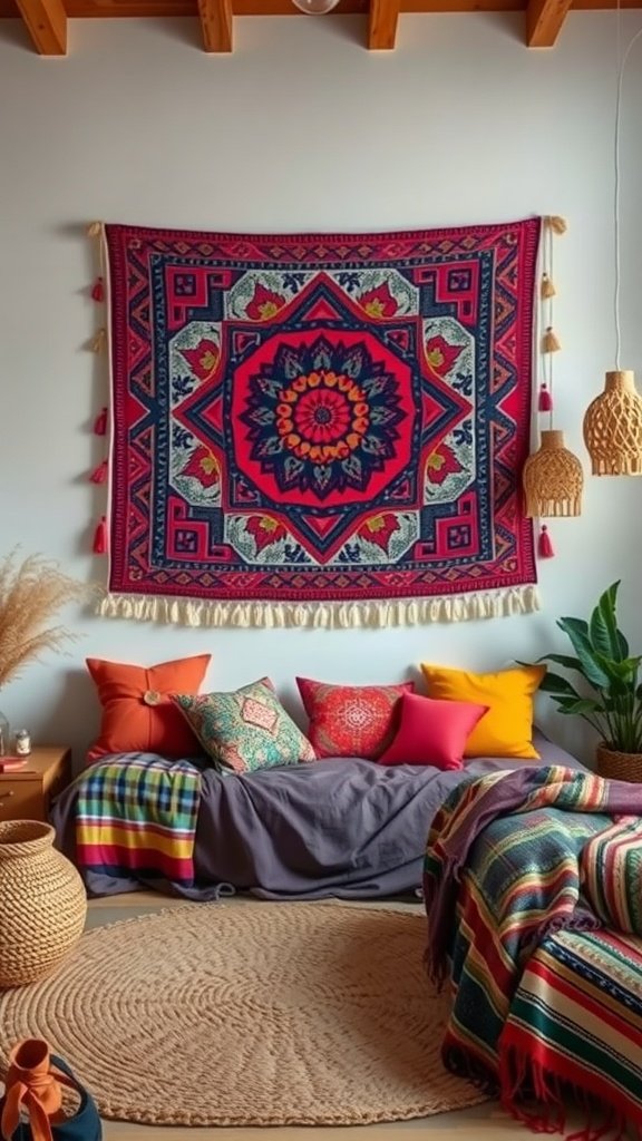 A colorful tribal tapestry hung on a wall above a cozy seating area with mixed pillows and a jute rug on the floor.