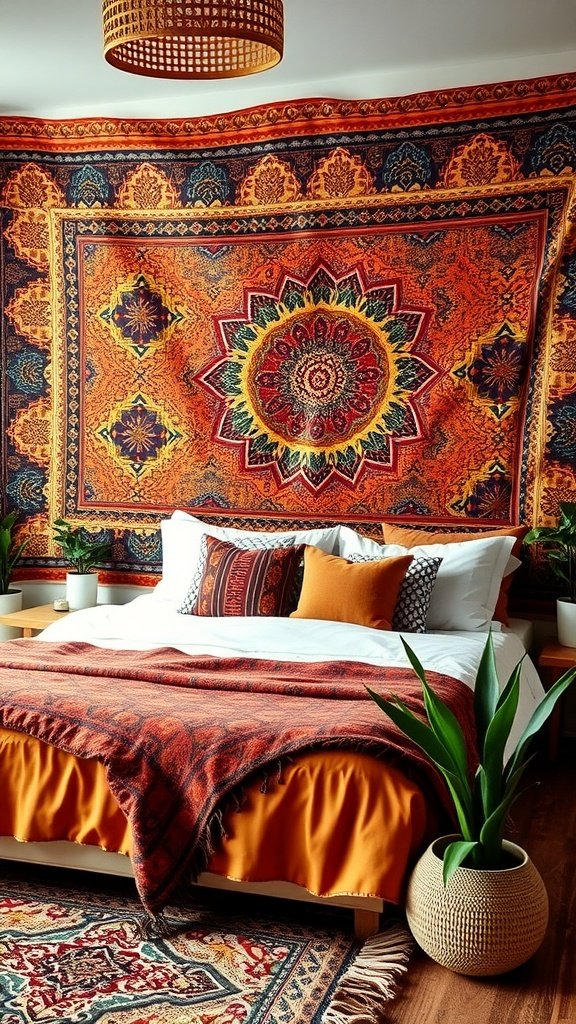 A cozy bedroom with a tribal tapestry accent wall, featuring warm colors and Boho decor elements.