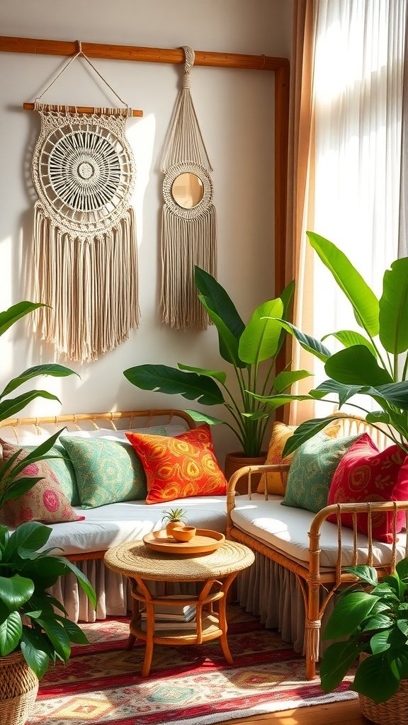 A cozy Tropical Boho bedroom featuring a bamboo sofa with colorful cushions, macramé wall hangings, and lush green plants.