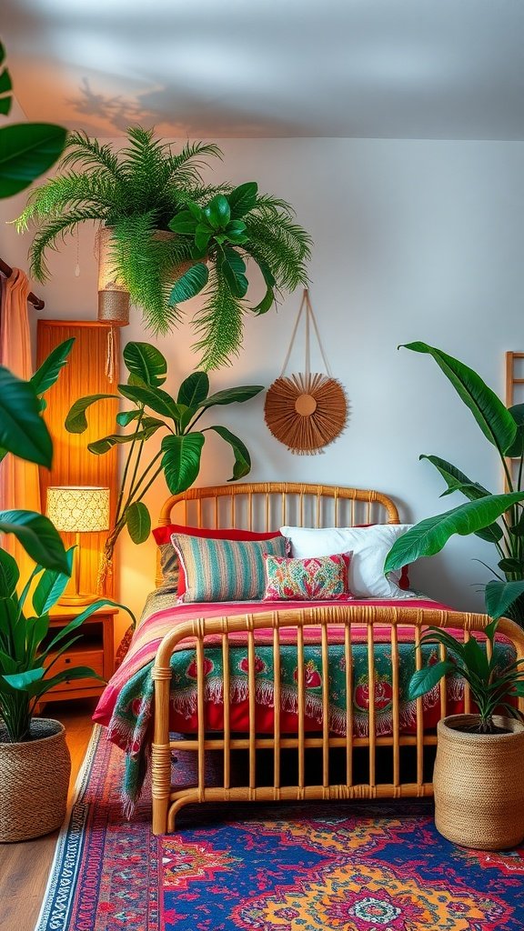 A cozy boho-style bedroom featuring a rattan bed, vibrant bedding, indoor plants, and warm lighting.