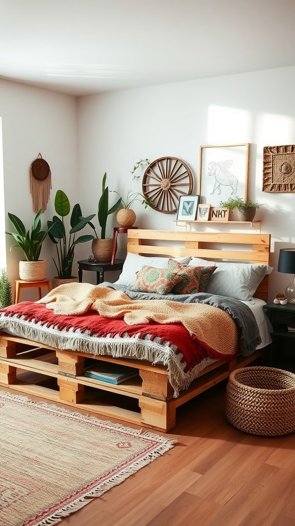 A cozy bedroom featuring a wooden palette bed with vibrant blankets and decorative elements.