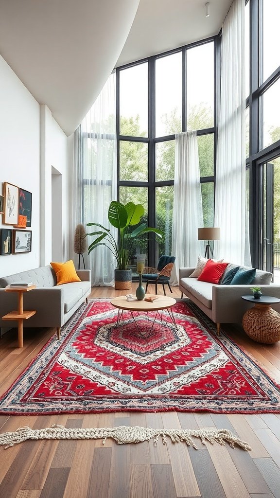 Cozy living room showcasing a vibrant traditional-style rug with modern furniture and large windows.