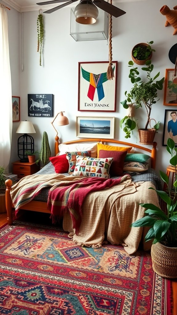 A cozy Bohemian bedroom featuring a wooden bed with colorful pillows, layered blankets, wall art, and hanging plants.