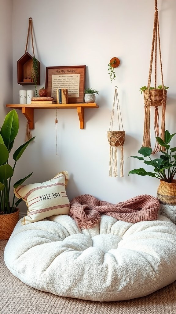 A cozy Urban Boho nook featuring a large plush seat, plants, and wooden decor.