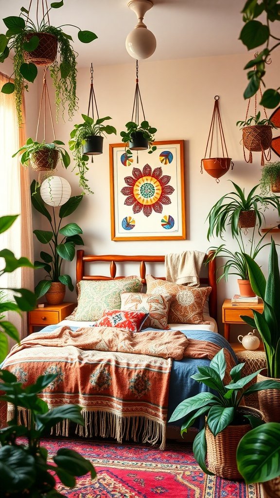 A boho bedroom with hanging plants, a colorful rug, and wooden furniture, creating a cozy urban jungle vibe.