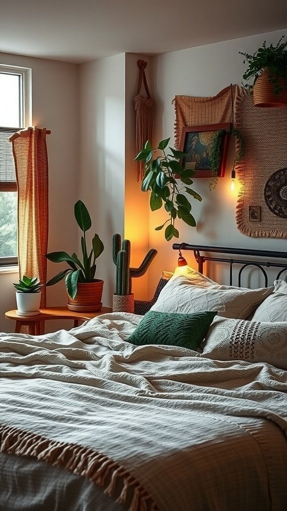 A cozy Modern Boho Bedroom featuring accent lighting, plants, and textured decor.