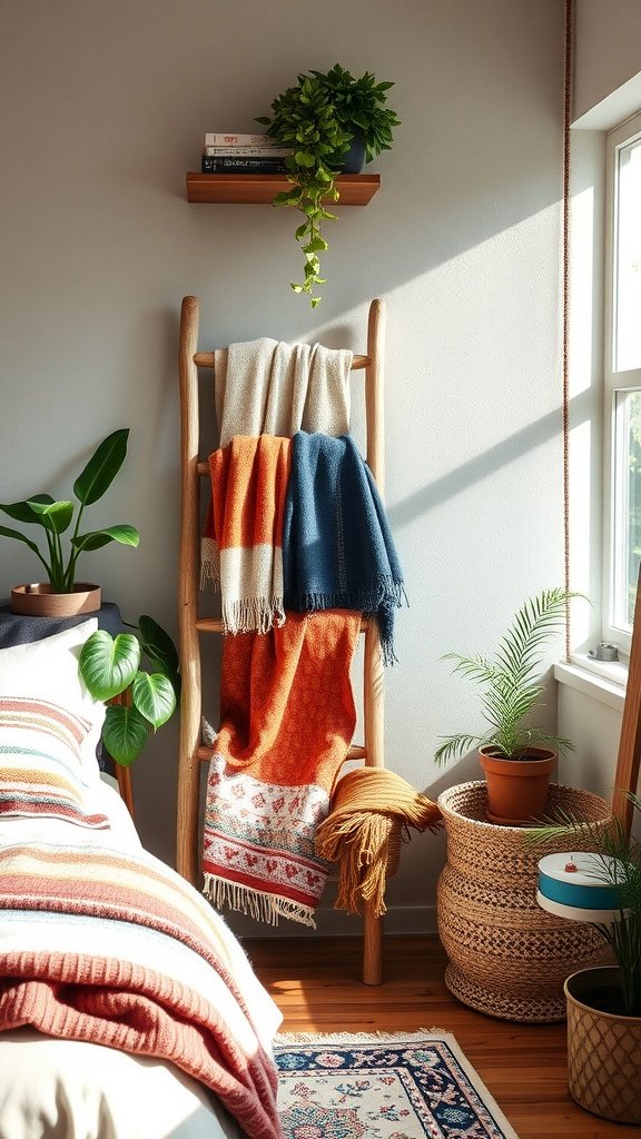 A cozy bedroom featuring a blanket ladder with colorful throws, plants, and natural light.