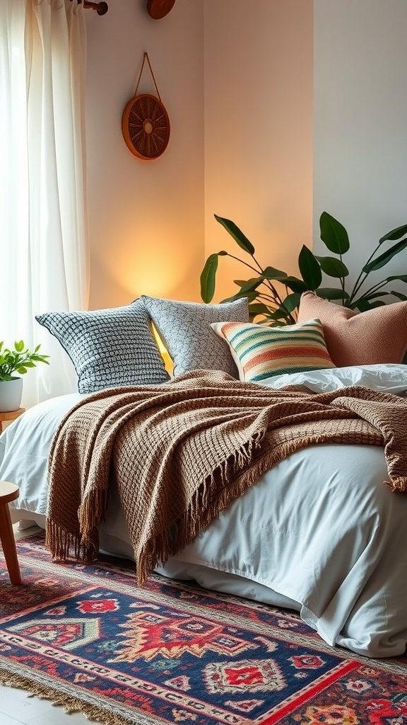 Cozy bedroom with layered fabrics, including a neutral bedspread, warm throw blanket, and patterned pillows on a colorful rug.