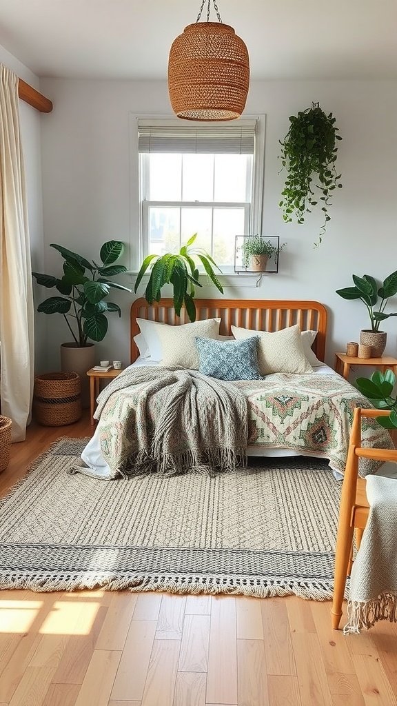 A cozy, bohemian-inspired minimalist bedroom featuring a wooden bed, a knitted throw, woven light fixture, and plants.