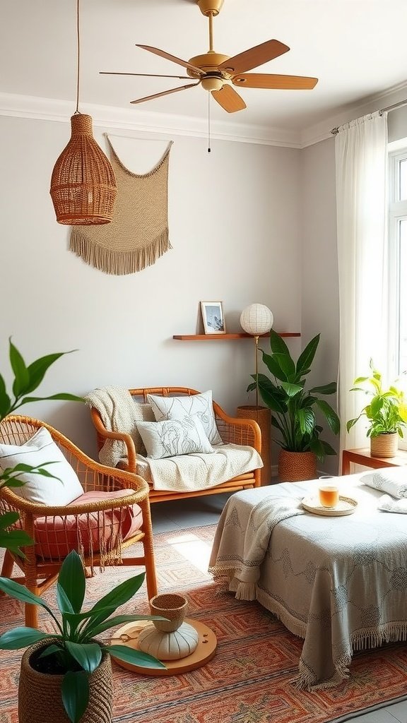 A cozy room featuring rattan furniture, soft fabrics, and vibrant plants, embodying a modern boho style.