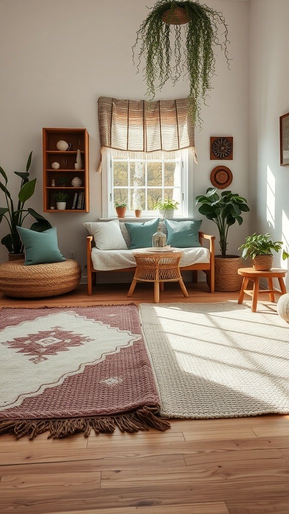 A cozy minimalist bedroom featuring layered rugs, plants, and natural light.