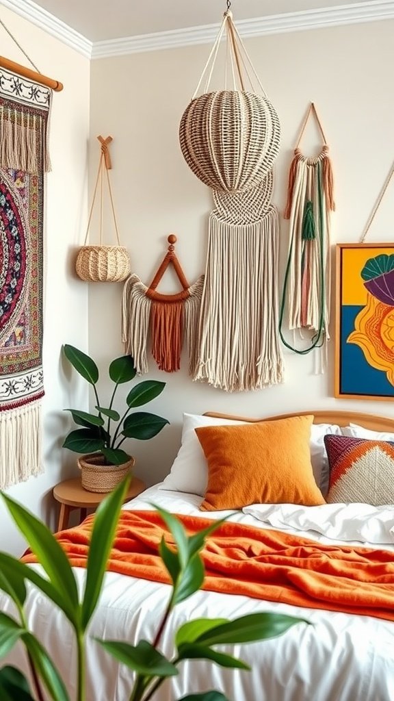 A cozy bedroom featuring vibrant wall accents including woven hangings and colorful artwork.