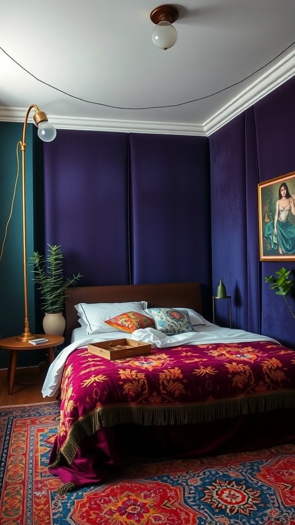 A cozy boho bedroom featuring deep purple velvet wall panels, a comfortable bed with patterned bedding, and colorful rugs.