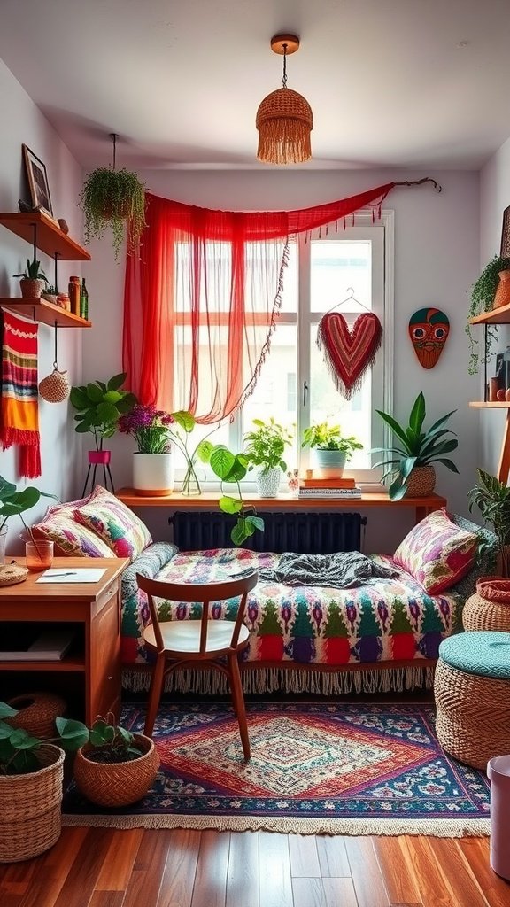 A cozy Boho bedroom featuring colorful bedding, plants, and eclectic decor.